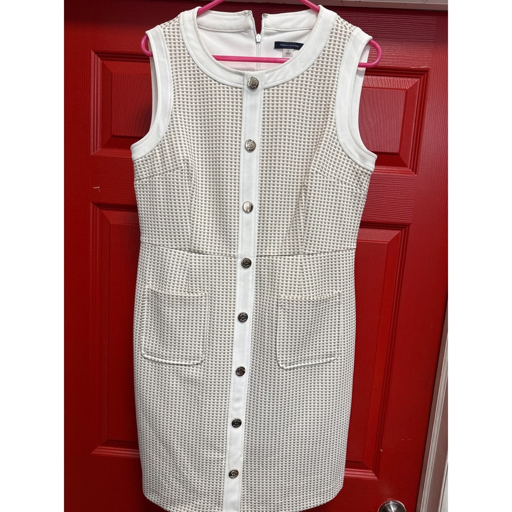 Tommy Hilfiger White Tan Grid Button Front Sheath Dress Size 12